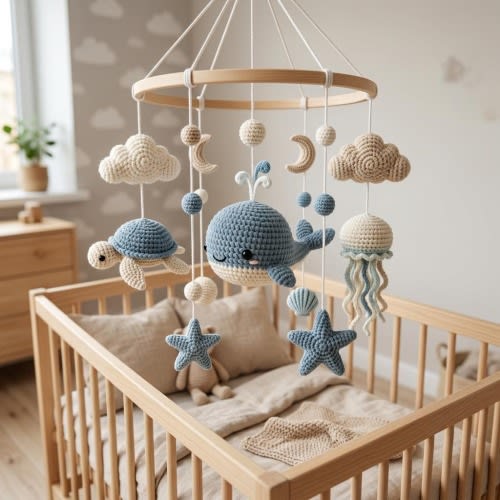 Crochet Ocean Bluewhale Baby Mobile, Neutral Nursery Crib Mobile, Handmade Amigurumi Baby Mobile, Scandinavian Nursery Decor Gift