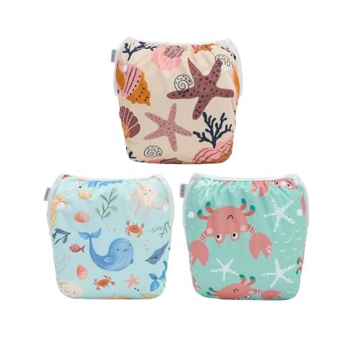 ALVABABY Swim Diapers 3pcs Baby & Toddler Snap One Size Reusable Adjustable Baby Boys' Swim Diapers for Swimming Lessons 3SWY71A