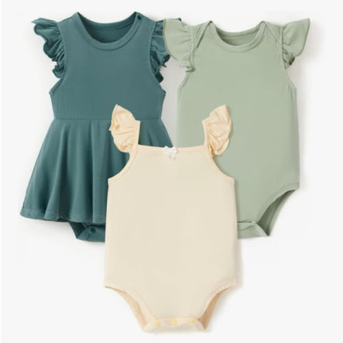 PATPAT Baby Girl Bodysuits - Soft Bamboo Viscose - Flutter Sleeves Cute Dress - Newborn Infant Summer Clothes - 3 Pack