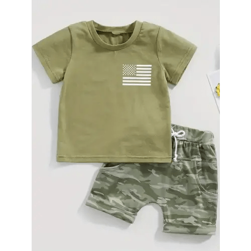 2pcs Baby Boys The American Flag Print Round Neck T-shirt & Camouflage Shorts Baby Summer Clothes Sets