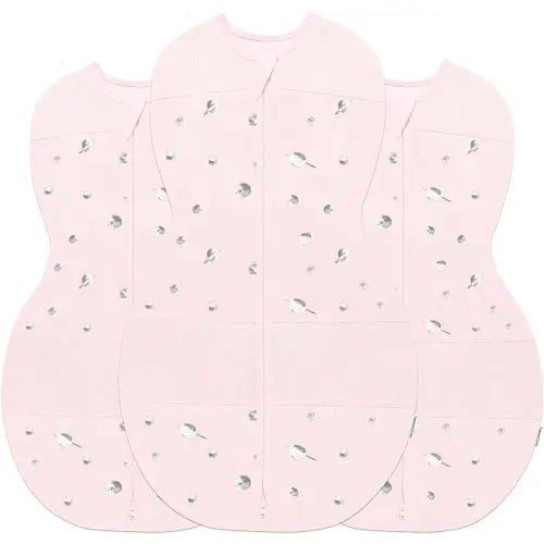 Happiest Baby Sleepea 5-Second Swaddle - 100% Organic Cotton Baby Swaddle Blanket - Doctor Designed Promotes Healthy Hip Development - 3-Pack Bundle (Rose Planets, S, M, L)