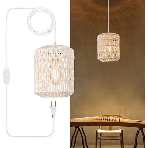 Plug in Pendant Light, Rattan Hanging Lights with Plug in Cord 15ft Dimmable Cord, Hand Woven Wicker Lampshade Hanging Lamp, Boho Plug in Hanging Ceiling Light Fixture for Farmhouse Bedroom White