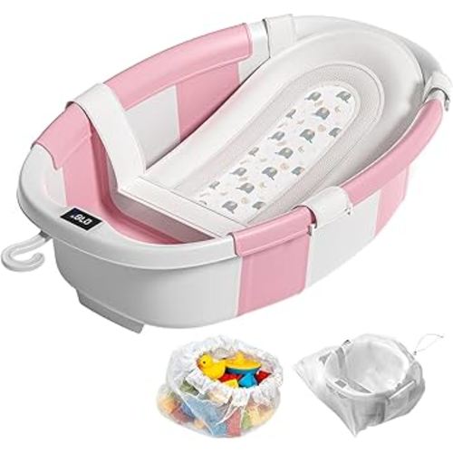 Collapsible Baby Bathtub, Baby Tubs for Newborns with Soft Cushion & Thermometer & Toy Organizer Mesh Bag, Infant Bathtub to Toddler 0-36 Months, Portable Travel Newborn Baby Bathtubs (Pink)