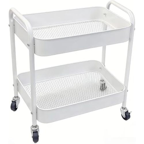 Ufriandz Under Desk Storage Cart 2 Tier Utility Rolling Cart with Wheels, Small Metal Mobile Trolley with Handle Two Tiered Utility Organizer Roller for Kitchen Office Bathroom Pantry Room, White