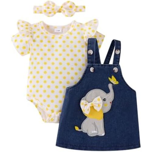 Baby Girl Clothes Suspender Skirt Newborn Ruffled Romper + Elephant Jeans Dress + Headband Summer Outfits 0-18 Months