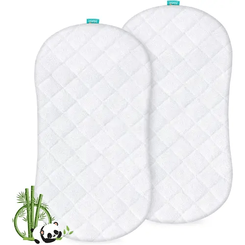 Bassinet Mattress Pad Cover, Waterproof, Ultra Soft Bamboo Viscose Terry Surface, Universal Fit for Hourglass/Oval Bassinet Mattress, 2 Pack, Washer & Dryer, No Loosen and Pre-Shrinked