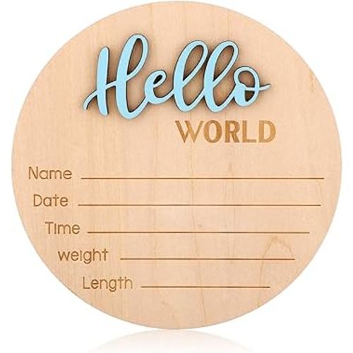 Newborn Announcement Sign, 15cm/5.9in Wooden Hello World Newborn Sign Birth Baby Name Plaques for Boys and Girls Baby Shower Photo Props or Hospital Nursery Decor (Blue)