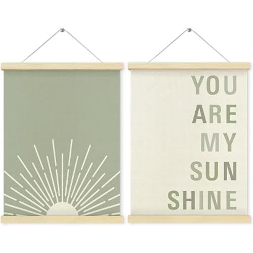 QEJ Boho Sage Green Nursery Wall Art Decor, You Are My Sunshine Canvas Poster Hanger Frame, Abstract Boho Sun Sunshine Wall Decorations for Toddler Kids Room Nursery Decor, 12x16 Inch Set of 2