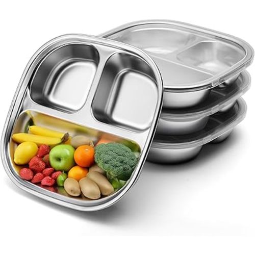 Stainless Steel Kids Plates, Balanced Bites Divided Plate for Toddlers, 3 Compartment Portion Control Tray Dishes, Food Grade, Non-Toxic, Dishwasher Safe, Set of 4
