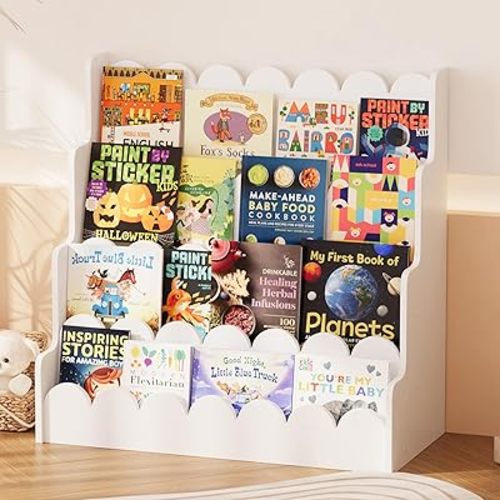 NACHES Kids 4-Tier Scalloped Bookshelf Wooden Bookshelf Toddler Montessori Bookcase Children Front Facing Display Book Shelves for Nursery Kids Room Reading Room Bedroom Classroom