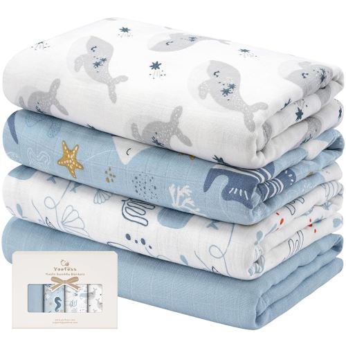 Yoofoss Muslin Swaddle Blankets, 4-Pack Receiving Blankets for Baby Boys and Girls, 47 x 47 Inches Baby Swaddle Neutral Wrap 70% Rayon from Bamboo and 30% Organic Cotton