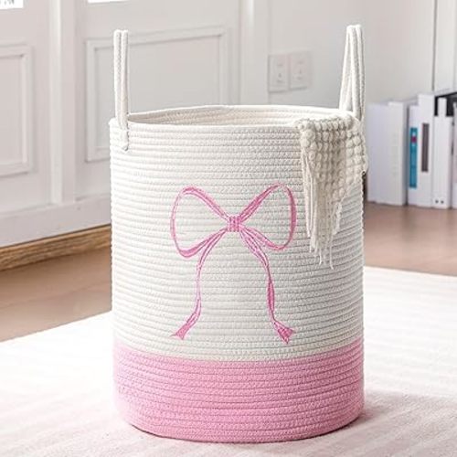 Honeydak Coquette Pink Bow Laundry Hamper Tall Cotton Rope Laundry Basket Hamper Large Bow Girly Nursery Basket Storage for Blanket Toys Clothes Organization in Bedroom Bathroom