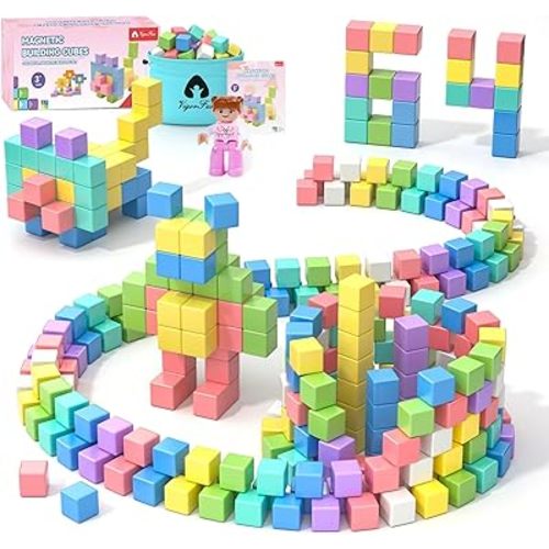64PCS Magnetic Blocks Set, Magnet Building Blocks with Toy Figurine and Storage Bag for Kids Gifts, STEM Educational Preschool Sensory Toys for Toddlers Boys Girls Ages 3 4 5 6 7 8 +(Macaron Color)