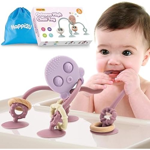 Baby Teething Toys, High Chair Toy with Suction Cup for Infant Toddlers 6 12 18 24 Month, Food Grade Silicone Teether with Oak Loop, Montessori Sensory Educational Baby Bath Toy Gifts (Rose)