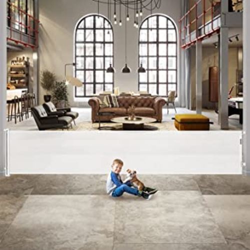 140 Inch Wide Retractable Baby Gate for Dogs Indoor Dog Gates for Doorways Easy Operation for Adults Extra Wide Pet Gate Indoor Anti-Climb Retractable Extra Long Baby Gates for Large Openings, White