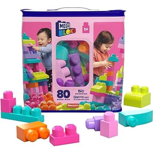 MEGA BLOKS First Builders Toddler Blocks Toys Set, Big Building Bag with 80 Pieces and Storage, Pink, Ages 1+ Years