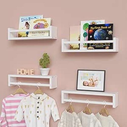 WOPITUES Nursery Book Shelves with Guardrail Set of 4, Nursery Decor for Toys, Kids' Drawings and Craft, Floating Bathroom Shelf Organizer for Cosmetics, Spice Rack Wall Mount for Kitchen- White