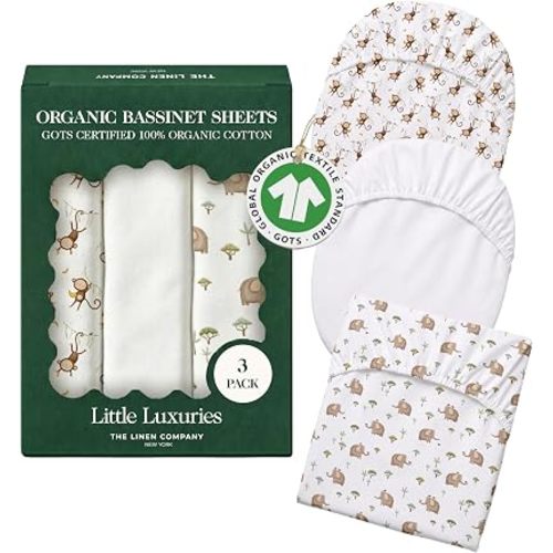 100% Organic Cotton Bassinet Sheets, 33" x 20", Safari, 3-Pack