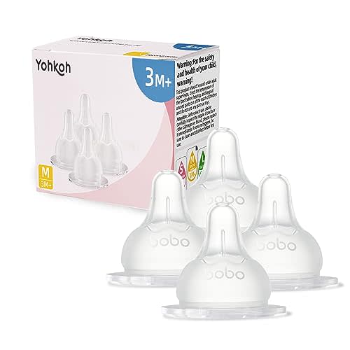 YOHKOH Baby Bottle Nipples for Wide Neck Bottles, 100% Natural Feel Silicone Nipples, BPA-Free (3m+, M, 4 Counts)