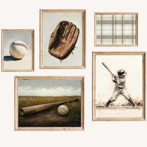 Baseball Art Set of 5 Vintage Baseball Prints Boys Room Baseball Printable Art Nursery Sports Gallery Prints Sage Green Posters Paintings