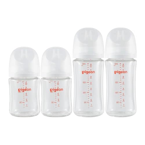 Pigeon Glass Nursing Baby Bottle Wide Neck (Pack of 4), Streamlined Body, Natural Feel, Easy to Clean, Heat-Resistant, 5.4Oz and 8.1 Oz (2S 2L)