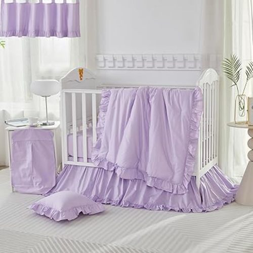 Brandream Baby Crib Bedding Set for Girls Boys Gender Neutral Boho Bohemian Farmhouse Chic Ruffle 6-Piece 100% Cotton Percale Nursery Bedding Set Purple