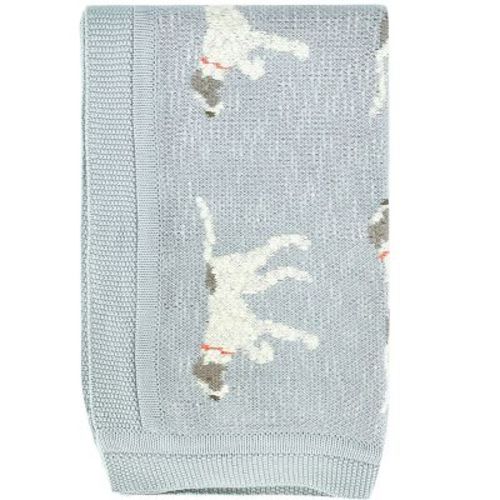 Storied Home Soft Cotton Knit Baby Blanket with Decorative Dog Design, Blue