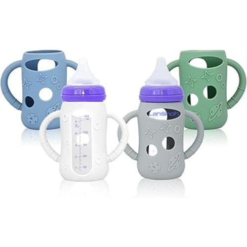 4 Pack Silicone Bottle Sleeves for Lansinoh Glass Baby Bottles (Old Style), 5 oz, Anti-Slip Protective Covers with Handles, Baby Essentials(Bottles Not Included)