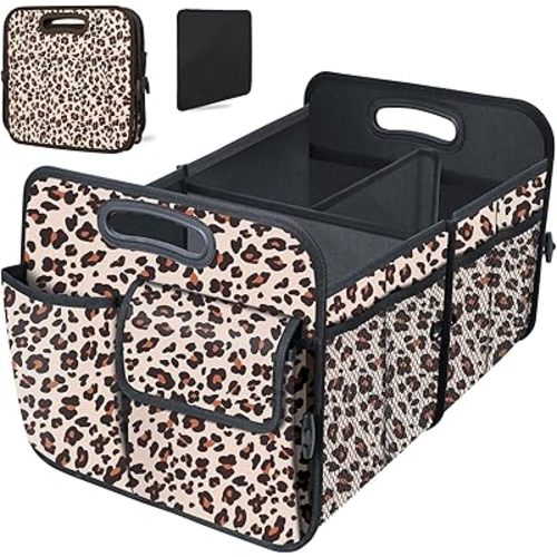 Trunk Organizer, Collapsible Trunk Organizers and Storage, Car Accessories for Women and Men, Multi-Compartment Trunk Storage Organizer for SUV, Car, Mini-Van, Leopard Print