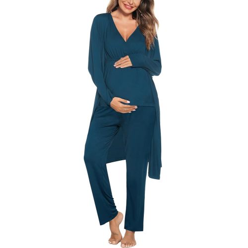 SWOMOG Maternity Nursing Robe Set 3 Piece Postpartum Breastfeeding Pajamas 3 in 1 Hospital Labor Delivery Pregnancy Pjs