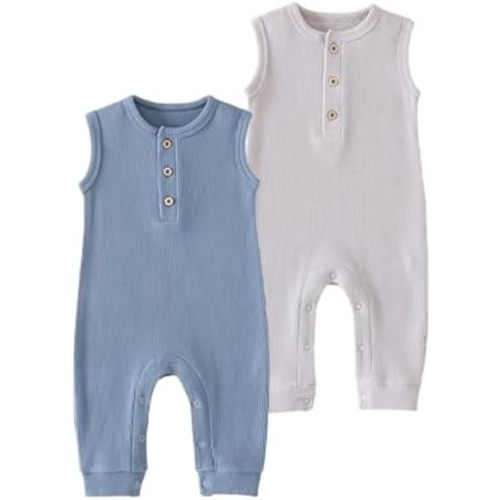 BeiVSlley 2-Pack Newborn Baby Unisex Summer Romper - Sleeveless Ruffle Tank Snap, Waffle Knit Cotton Jumpsuits Outfit