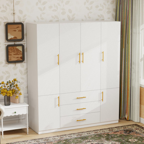 Mercer41 4-Door Armoire Wardrobe Closet with 3 drawers and Hanging Rod White | Wayfair