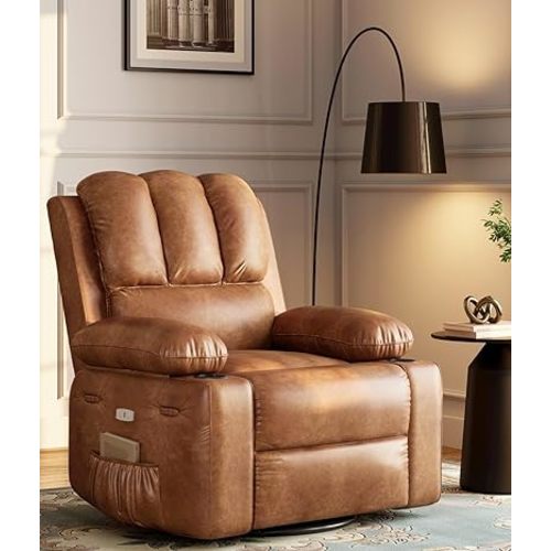 Oversized Power Recliner Chairs with Massage and Heat - 360° Swivel Faux Leather Rocking Chair for Adults with Cup Holder for Living Rooms, Bedrooms, and Nurseries - Coffee