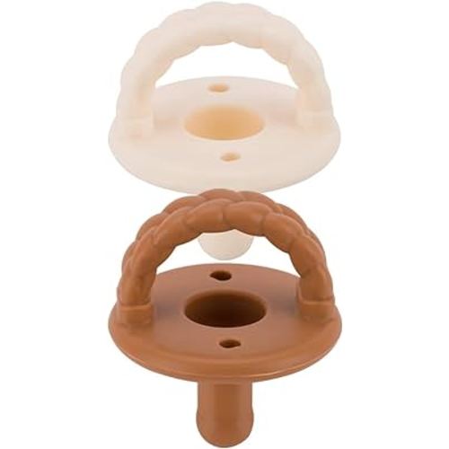 Itzy Ritzy Sweetie Soother Pacifier Set of 2 - Silicone Newborn Pacifiers with Collapsible Handle & Two Air Holes for Added Safety; Set of 2 in Coconut/Toffee, Ages Newborn & Up