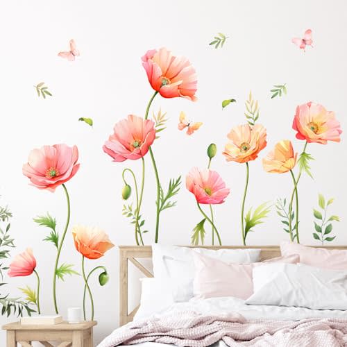 Large Pink Floral Wall Decals Poppy Flower Butterfly Wall Stickers Peel and Stick Autumn Floral Wall Art Decor for Living Room Bedroom Office TV Sofa Backdrop Home Decor Gifts for Mom