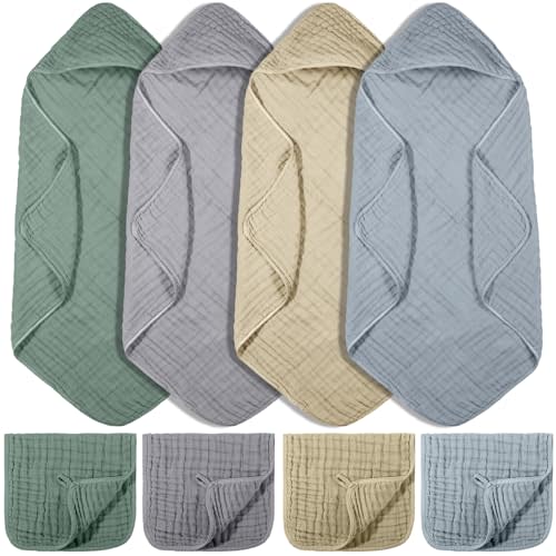 VitalCozy 8 Pcs Baby Muslin Hooded Bath Towels and Washcloths Muslin Cotton Hooded Baby Towels Absorbent Blankets for Gift Newborn Infant Shower (32 x 32 Inch,Pastel Color)