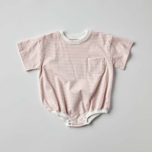 Cory Pocket Romper in Thin Pink Stripes