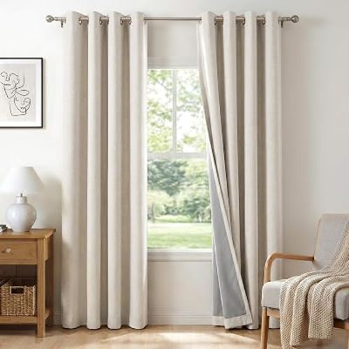 100% Blackout Linen Textured Curtains 72 Inch Long, Beige