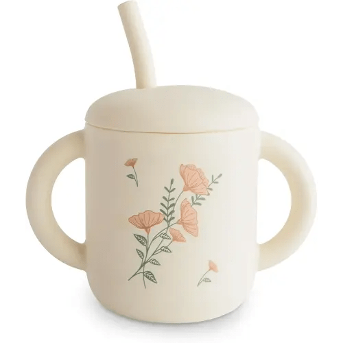 mushie 100% Silicone Training Cup & Straw for Toddlers | 6 Months+ (Pink Flowers)