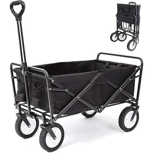 Collapsible Folding Outdoor Utility Wagon, Beach Wagon Cart with All Terrain Wheels & Drink Holders, Portable Sports Wagon for Camping, Shopping, Garden and Beach (Black/1 Year Warrant Extra Large)