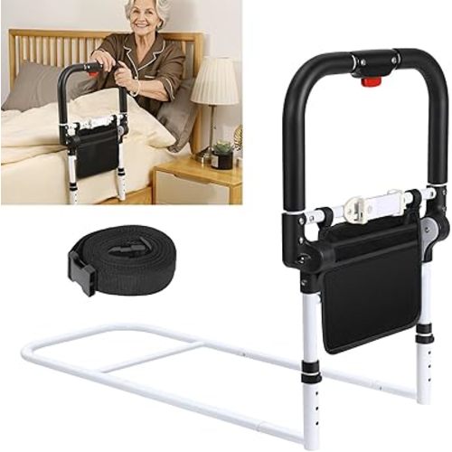 Bed Rails for Elderly Adults Safety with Foldable Non-Slip Handle, Adjustable Bed Assist Rails for Seniors, Handicap, Disable, Bed Assist Handle with Motion Light, Storage Pocket, White/Black