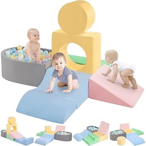 Climbing Toys for 1 Year Old, Foam Baby Climbing Blocks with Ball Pit for Toddlers, 6-Piece Soft Play Set, Indoor Climb Crawl Activity Play, Birthday (Balls not Included)