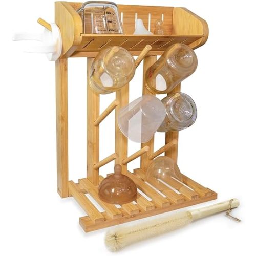 Bamboo Baby Bottle Drying Rack, Natural Wood, Space Saving Kitchen Organizer, 9 Bottle Capacity, Counter Top Storage Holder with Draining Base (Comes with a Free Cleaning Brush)