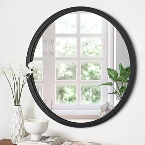 Round Mirrors for Wall 20 Inch Hanging Circle Mirror for Bathroom, Black Wall Mounted Wood Frame Mirror for Living Room, Bedroom, Washroom, Dorm