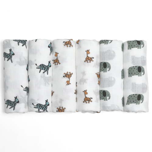 Gllquen Baby Muslin Swaddle Blankets 6-Pack, Soft Receiving Swaddles, Breathable Unisex for Newborns Infant Boys and Girls, 27 X 27", Elephant and Giraffe
