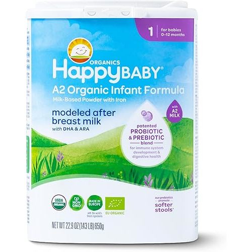 Happy Baby Organics Stage 1 A2 Infant Formula, 0-12 Months, Milk Based Organic Baby Formula Powder with A2 Milk, Probiotics & Prebiotics for Immune & Digestive Support, 22.9 Ounce (Pack of 1)