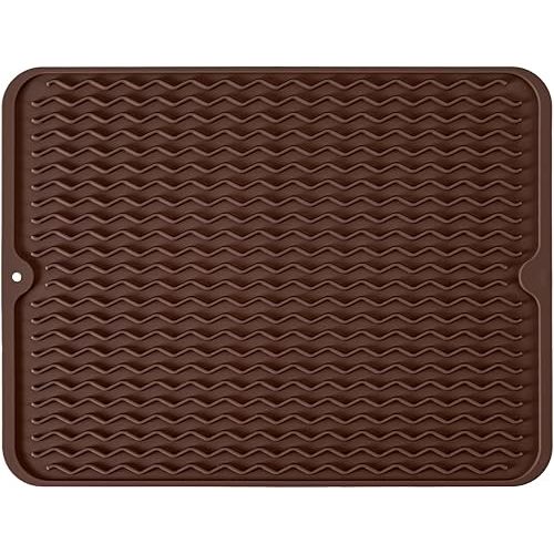 Large 17" x 14" Silicone Dish Drying Mat for Kitchen Counter, Easy clean, Quick Dry, Heat-resistant Dish Drainer Mat for Sink,Refrigerator or Drawer liner (Food Grade Silicone-Coffee)
