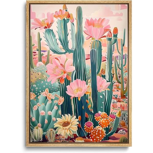 KISSFOX Mexican Canvas Poster Wall Art Cactus Desert Tropical Plant Prints Vintage Green Pink Orange Botanical Floral Painting Colorful Southwestern Rustic Picture Decor Living Room Bathroom Bedroom