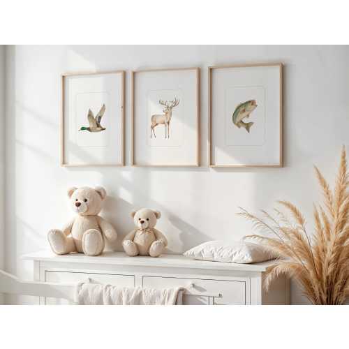 Country Cottage Woodland Boys Room Wall Art Bass Fish Duck Deer Hunting Theme Nursery Wall Decor Neutral Vintage Farmhouse Baby Shower Gift