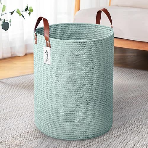 80L Large Rope Basket, Woven Rope Storage Basket with Leather Handles, Dog Toy Storage Basket, Bedroom, Nursery Blanket Storage, Bathroom Laundry Basket, 16“x20” Tall Rope Basket (Green)